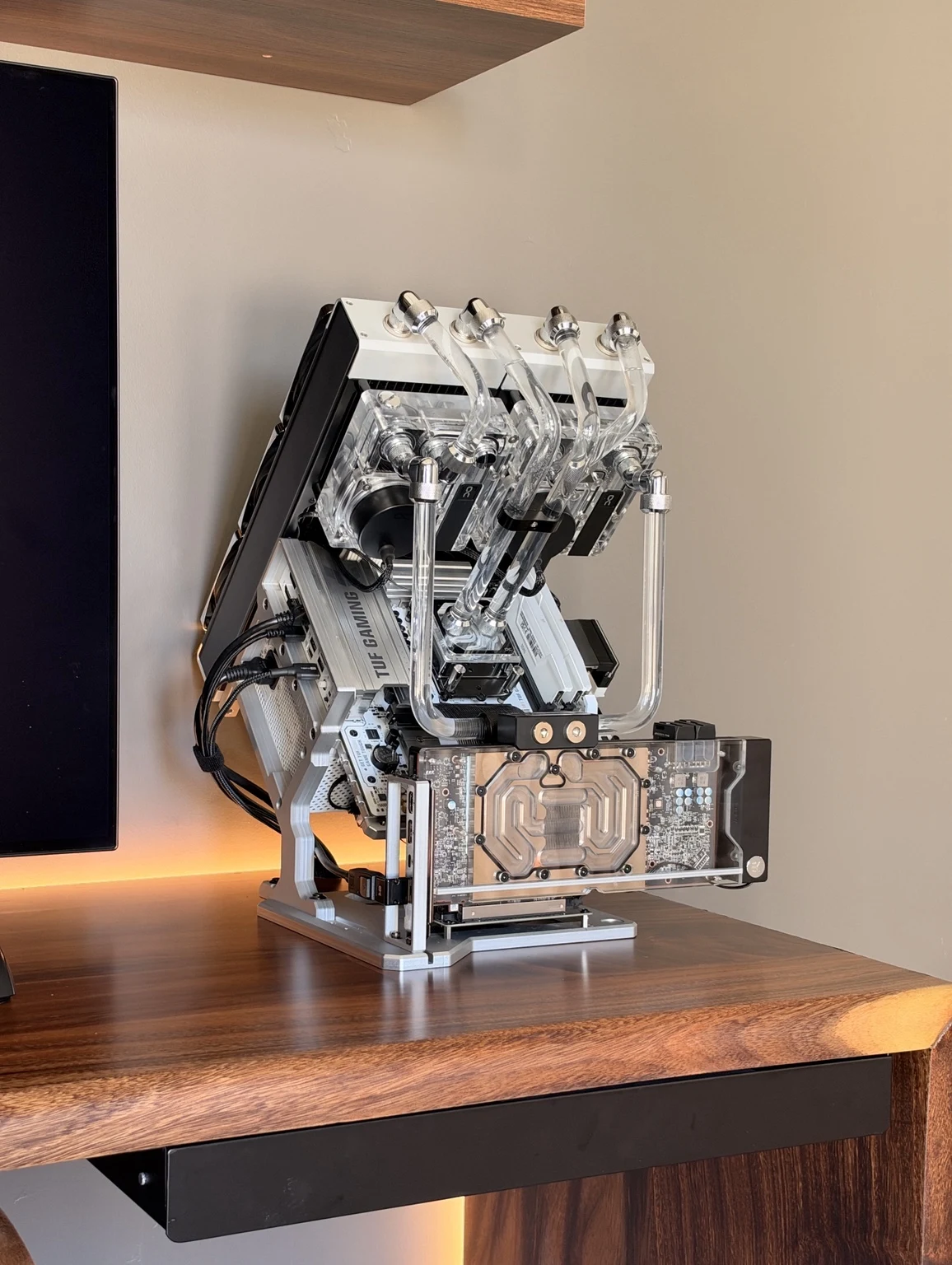 Angled view of the A45 Max custom loop and exposed hardware